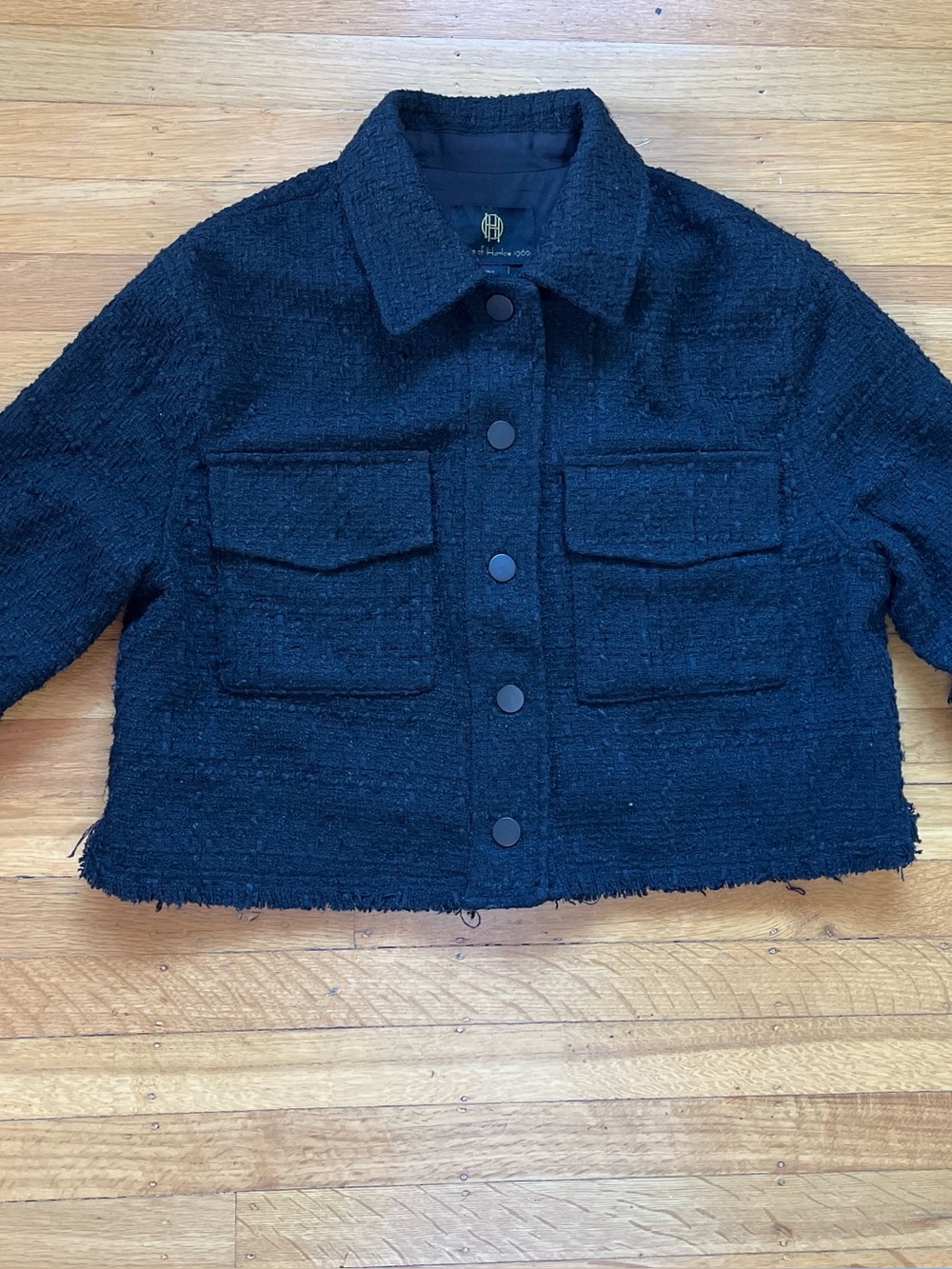 House of Harlow boho boucle oversized cropped jacket raw fringed edges CHAN EL s
